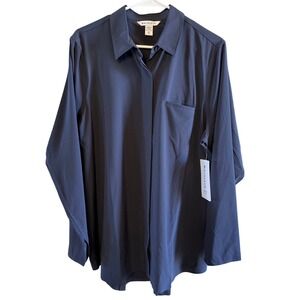 NEW Athleta Urbanite Top Size XL Navy Blue Button Down Chic Athleisure